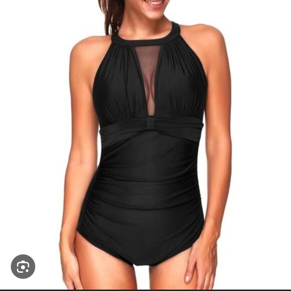Black High Neck Mesh Panel One-Piece Swimsuit Tummy Control Sz 18 - Picture 1 of 4